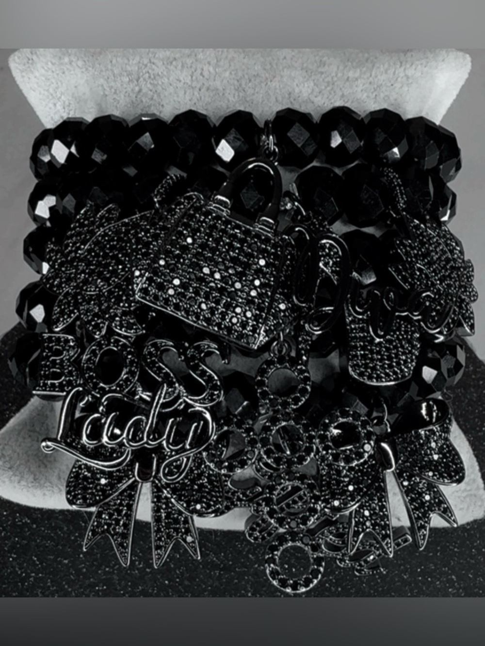 Black Faceted Crystal Bead Bracelet Stack with Charm Accents